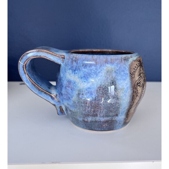 Studio Art Blue Drip Glaze Pottery Mug Artist Signed High Gloss Wide Handle - Picture 4 of 7